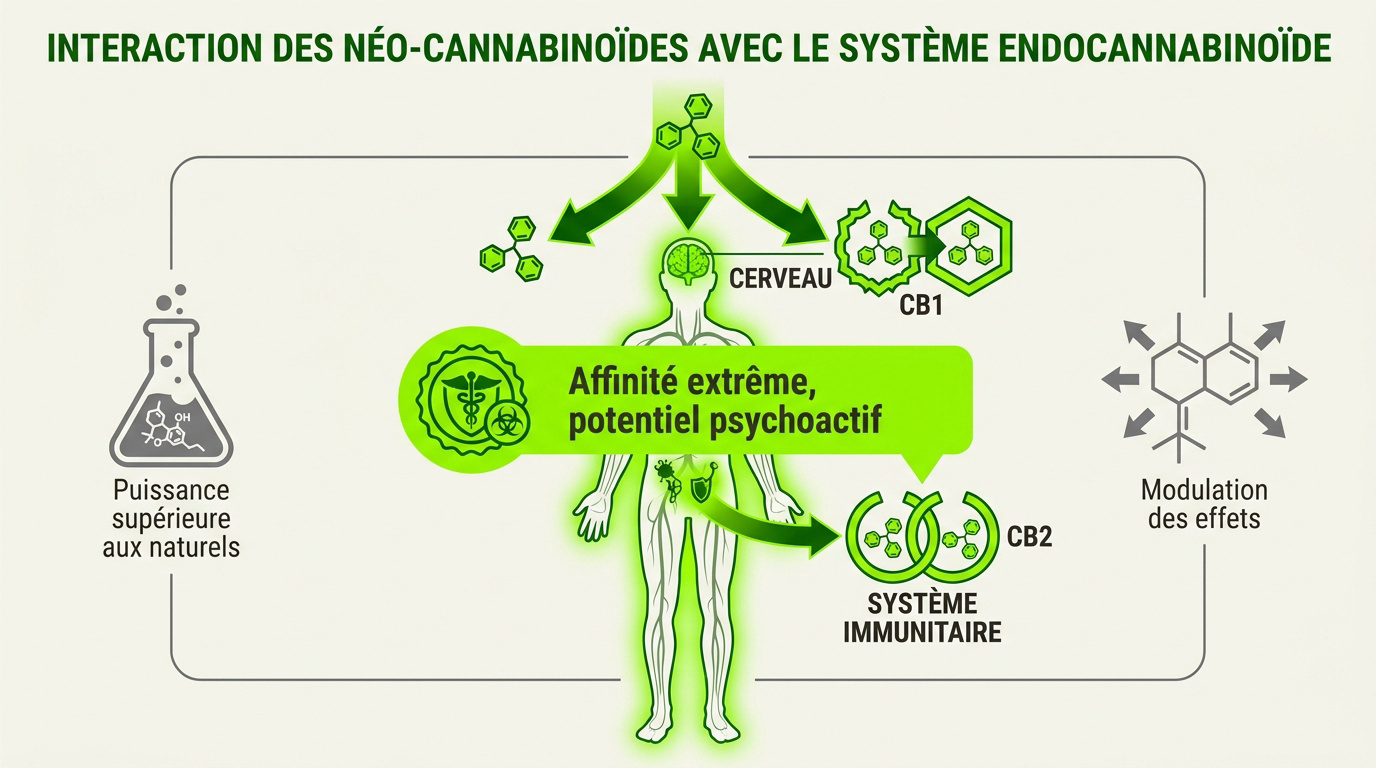 Schéma de l'interaction des néo-cannabinoïdes avec les récepteurs du système endocannabinoïde