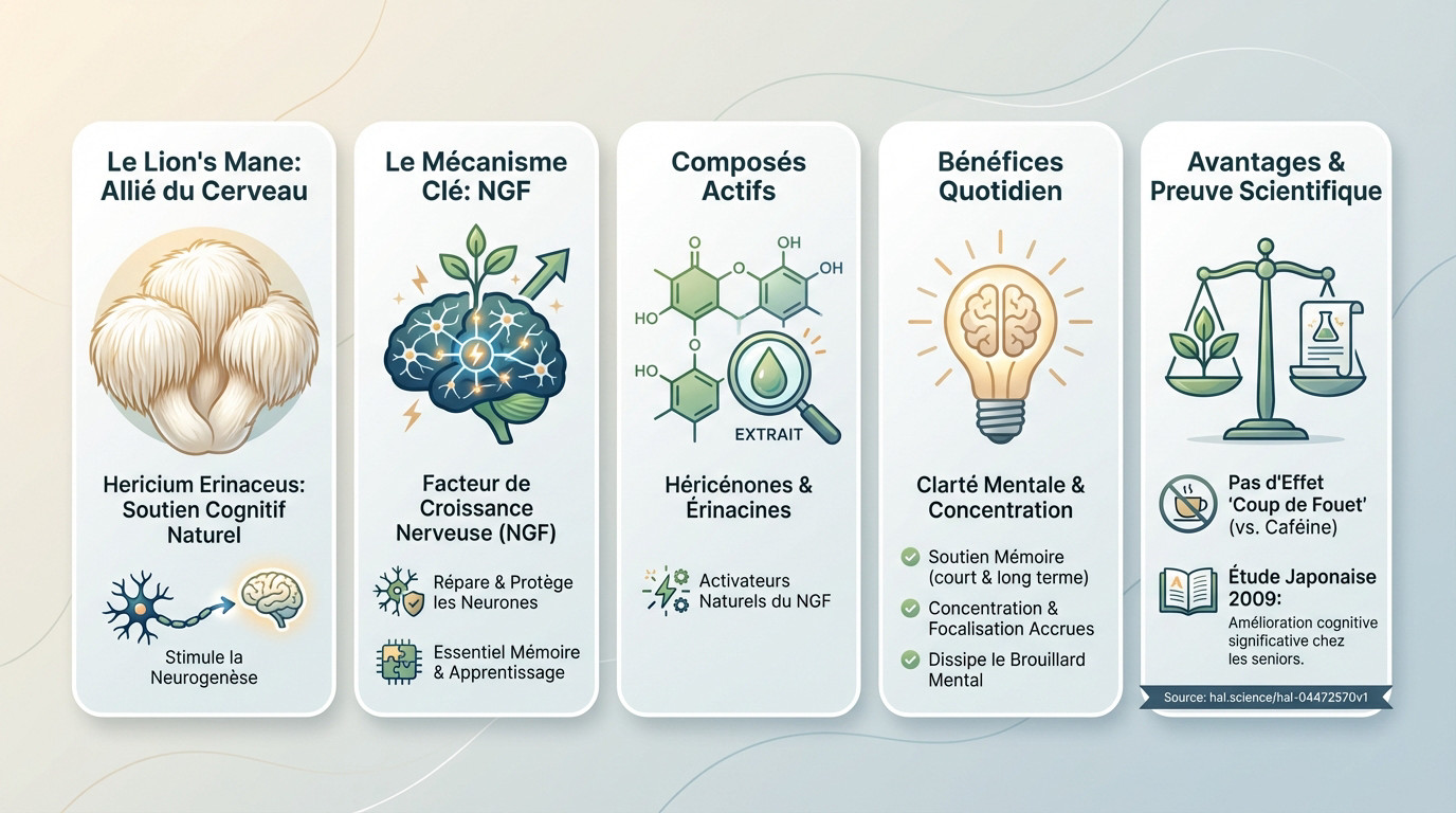Illustration des bienfaits du lion's mane sur la santé cérébrale et la neurogenèse