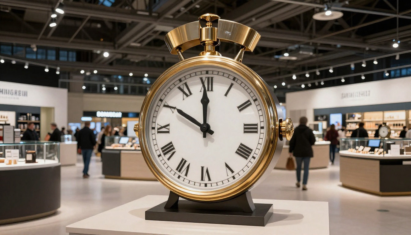 Grande horloge de gare vintage accrochée au-dessus d'un canapé dans un salon lumineux