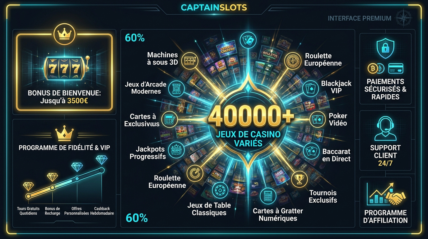 Interface du casino en ligne Captainslots présentant les bonus et jeux disponibles