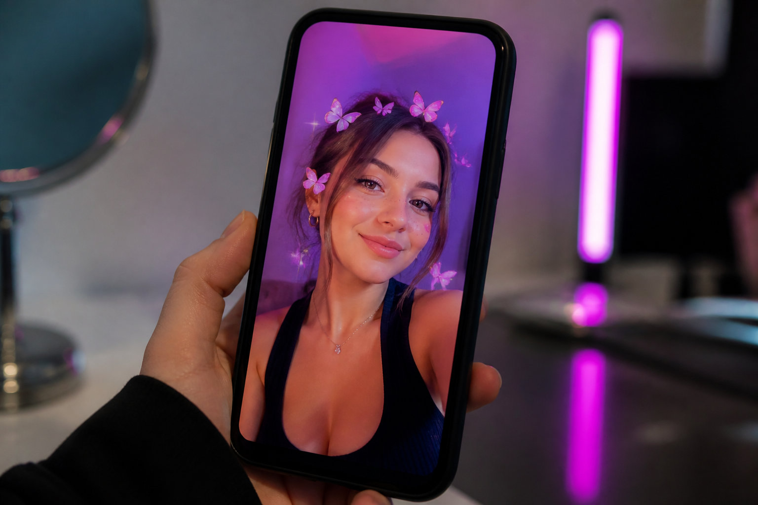 Selfie avec filtre pendant un gage connecté d'EVJF