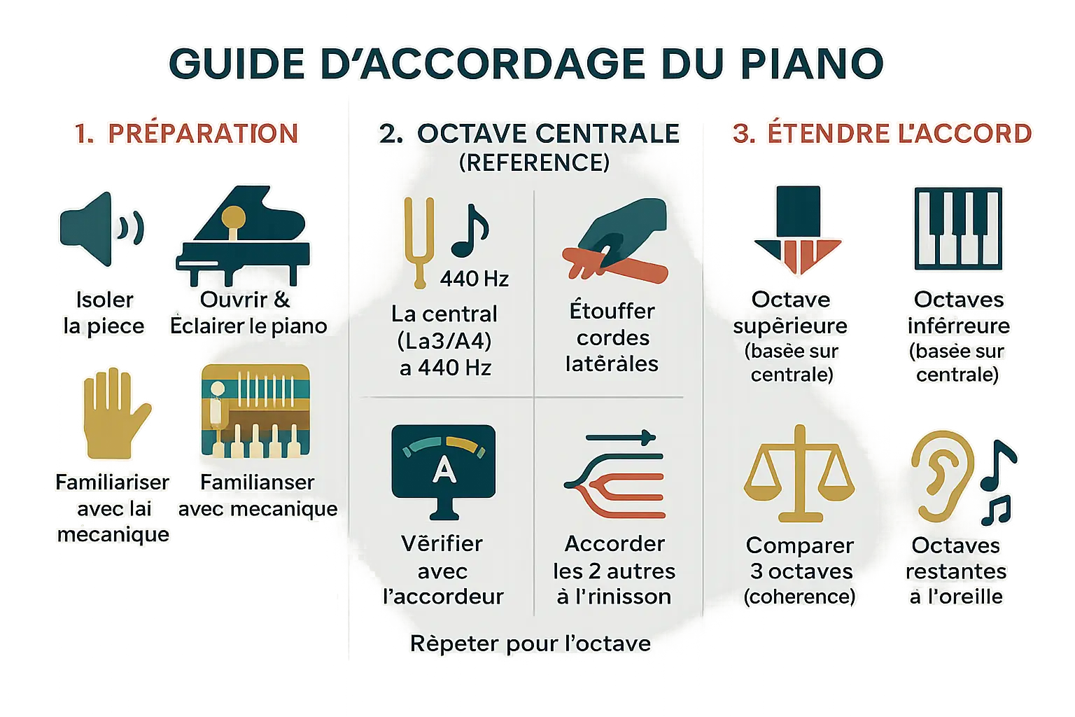 Infographie étape par étape pour accorder un piano