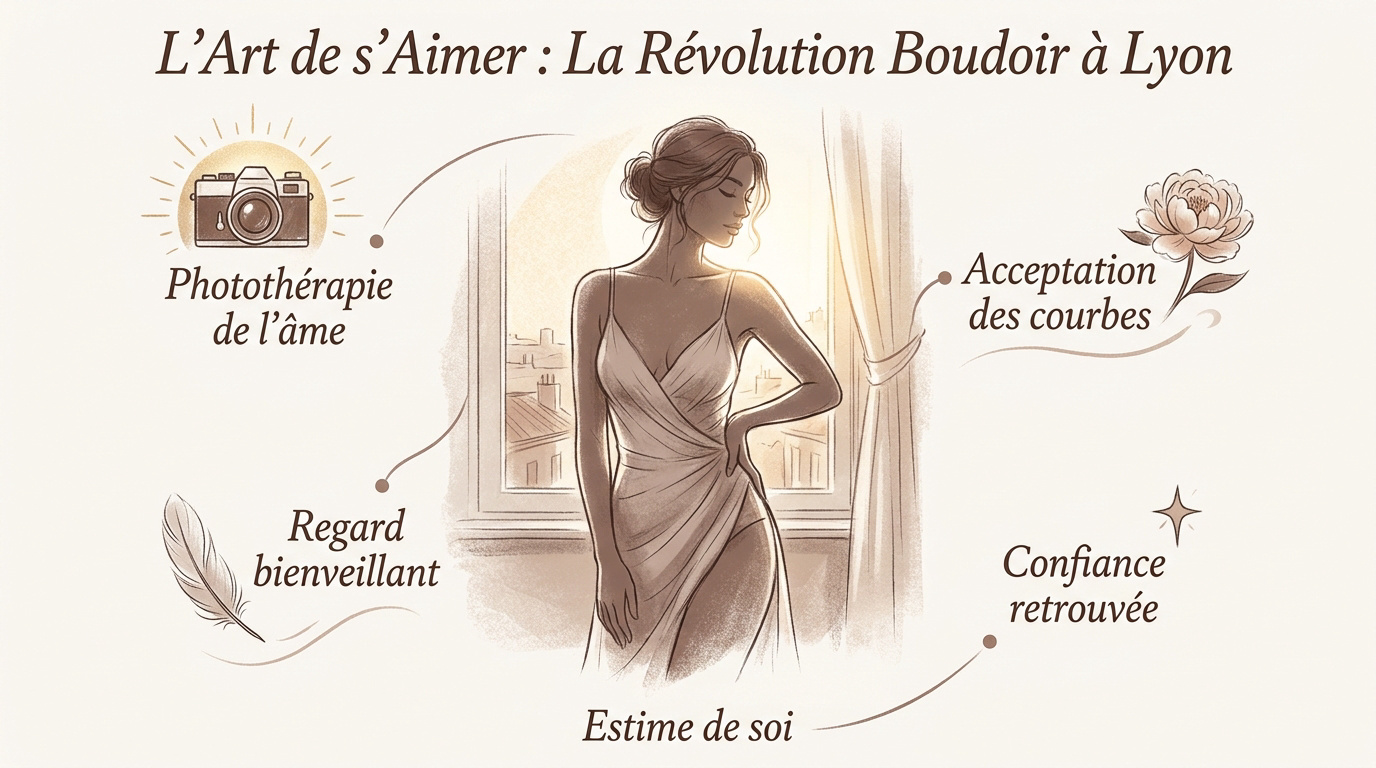 Femme posant avec élégance dans un studio boudoir à Lyon pour renforcer son estime de soi