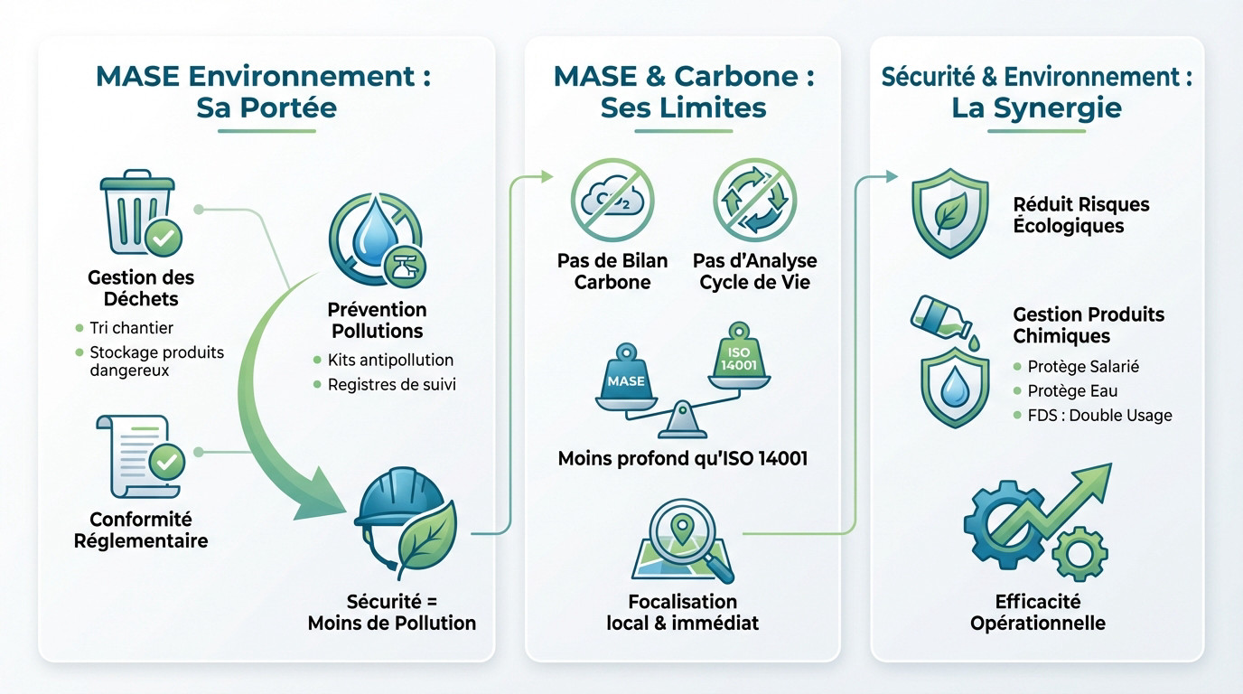 Schéma illustrant la portée environnementale du référentiel MASE et ses limites stratégiques