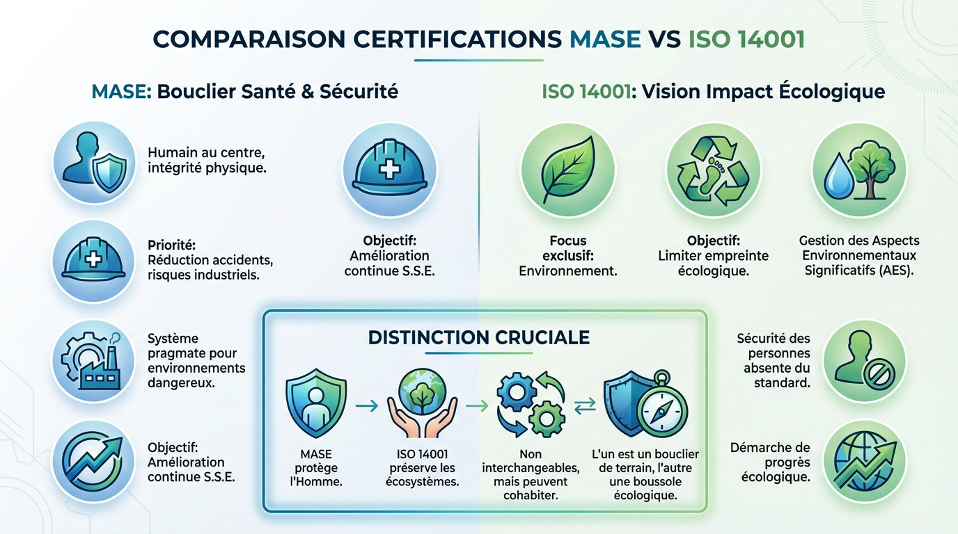 Schéma comparatif des périmètres : MASE pour la sécurité et ISO 14001 pour l'environnement