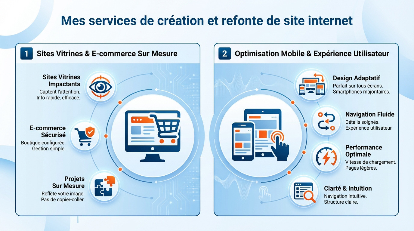 Infographie présentant les services de création de site web sur mesure et e-commerce
