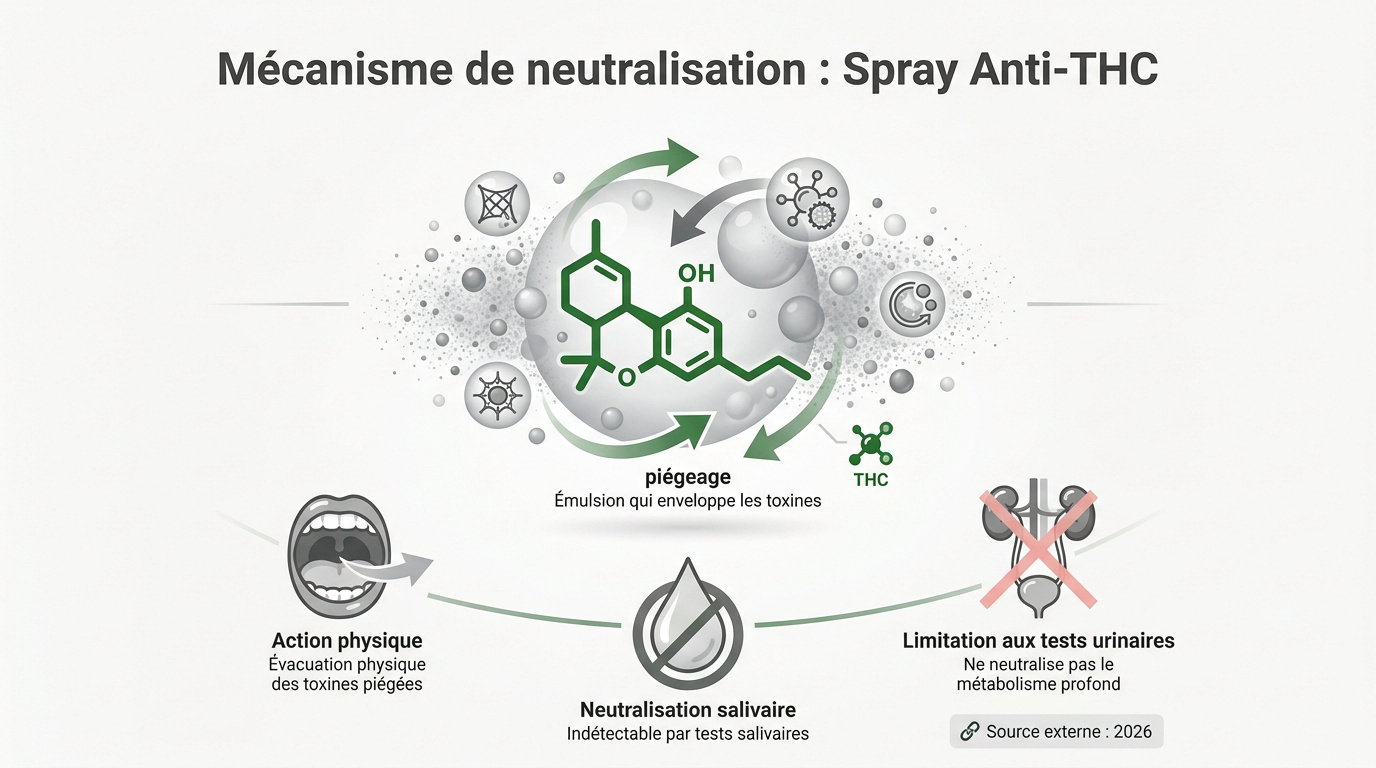 Schéma du mécanisme de neutralisation des molécules de THC dans la cavité buccale par un spray nettoyant