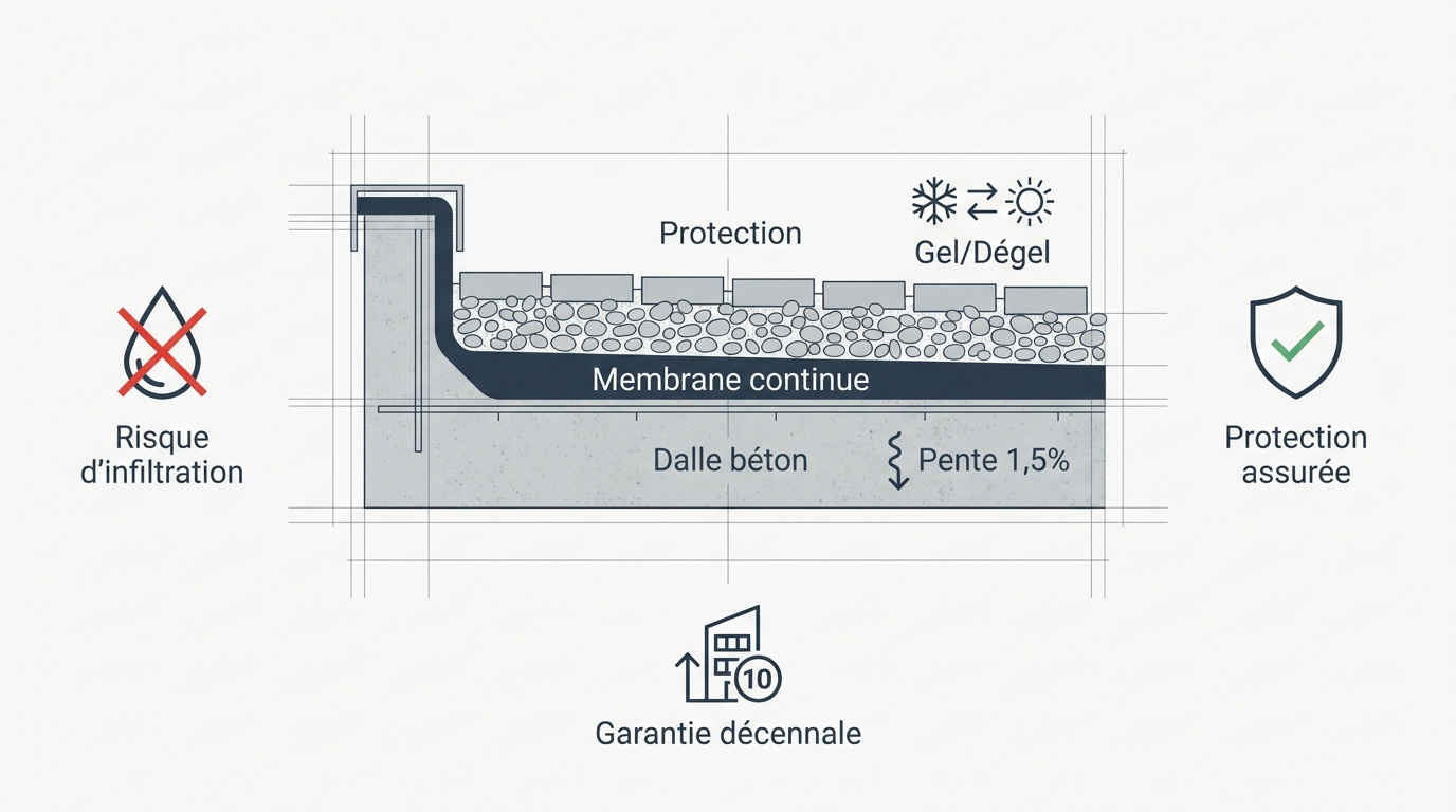 Mise en œuvre d'une membrane d'étanchéité sur toit terrasse en béton