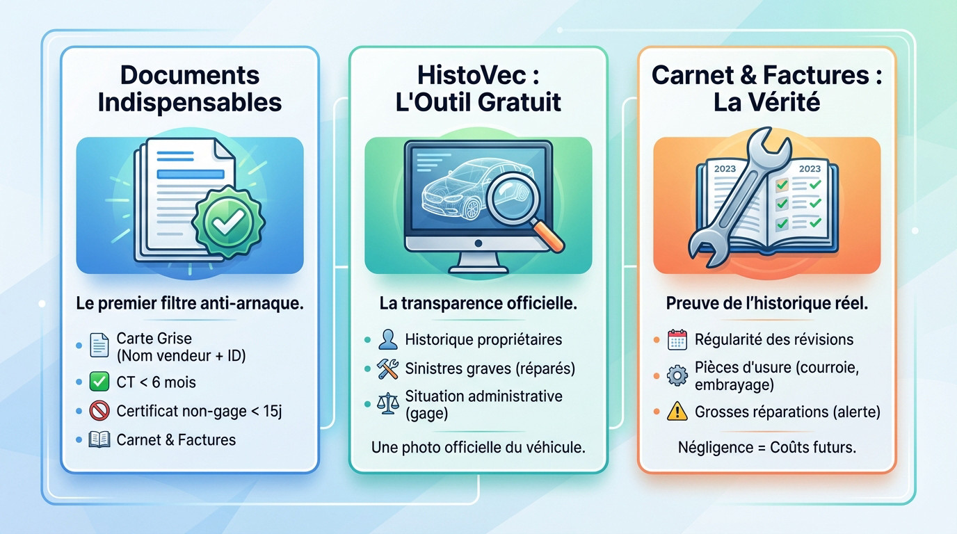 Vérification des documents administratifs et factures pour l'achat d'une voiture d'occasion