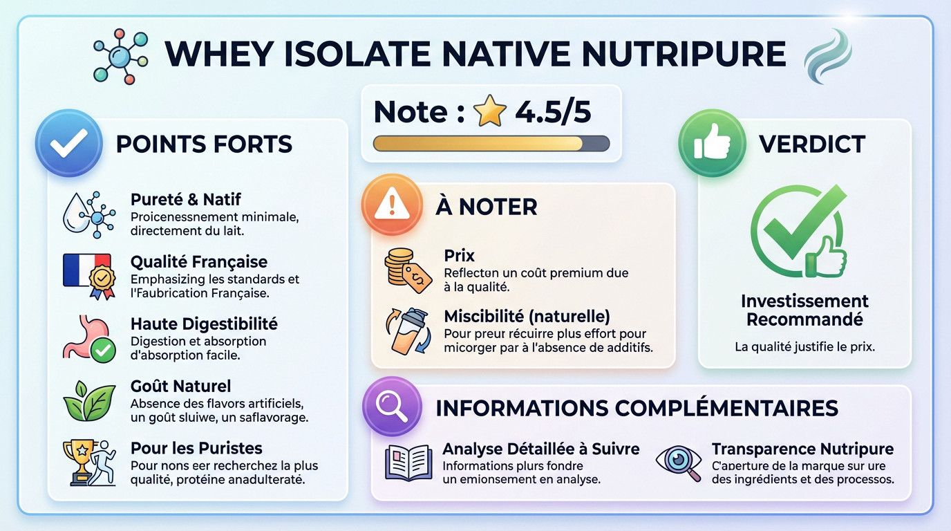 Infographie résumant les points forts de la <strong>Whey Isolate Native Nutripure</strong> : pureté, origine française et digestibilité
