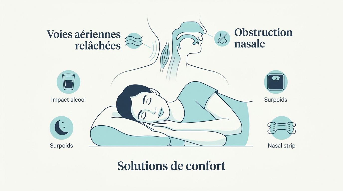 Schéma des voies respiratoires supérieures illustrant le passage de l'air pendant le sommeil