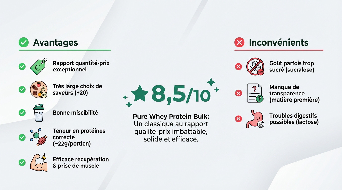 Tableau récapitulatif des avis positifs et négatifs sur la Pure Whey Protein de Bulk