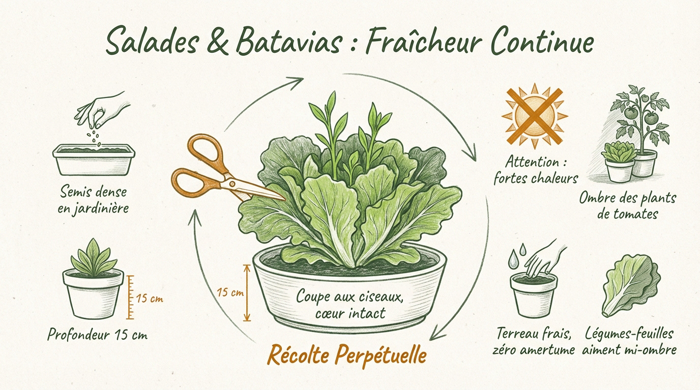 Culture de salades et batavias en jardinière sur un balcon