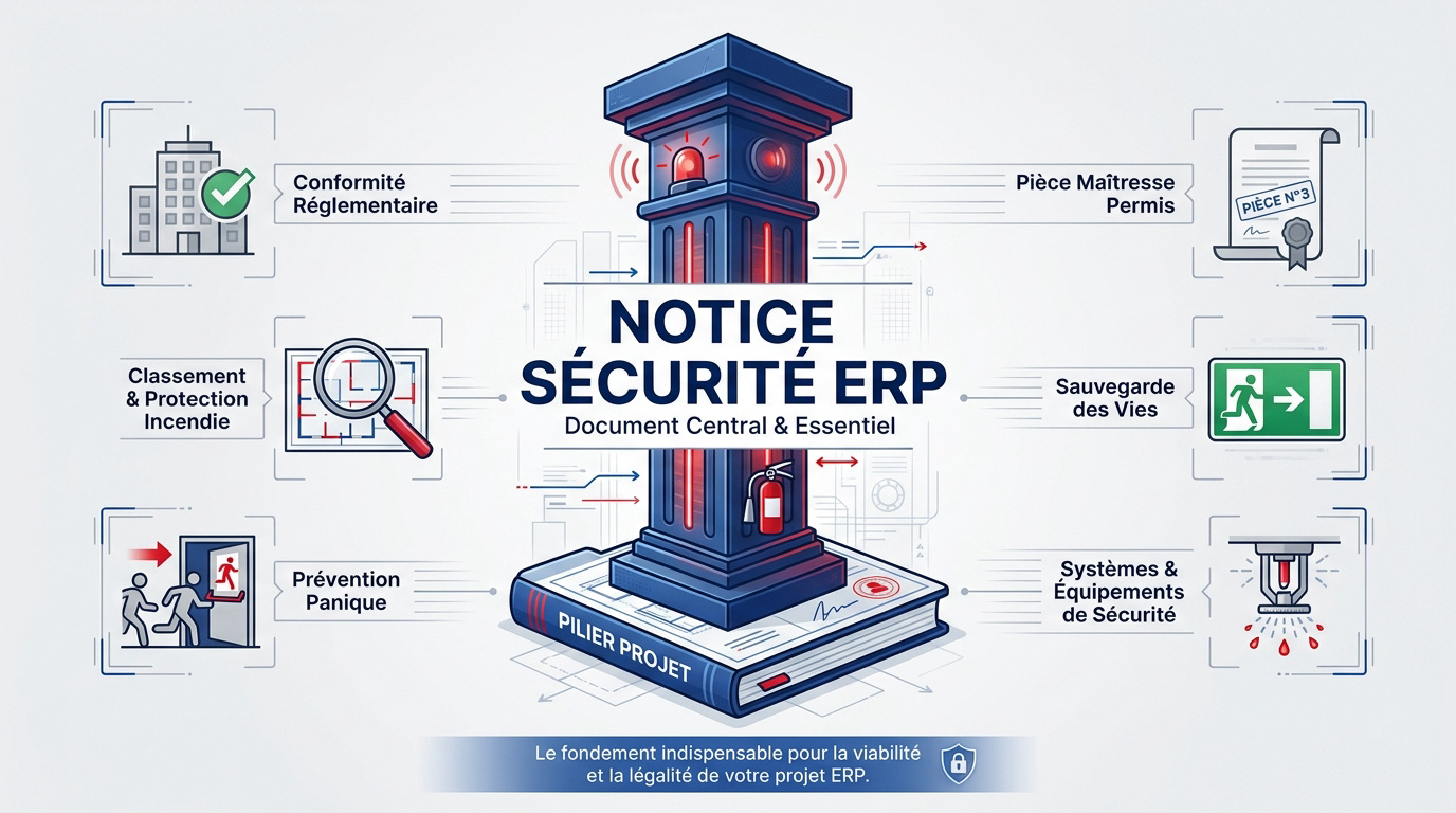 Schéma explicatif de la notice de sécurité ERP comme pièce maîtresse du permis de construire