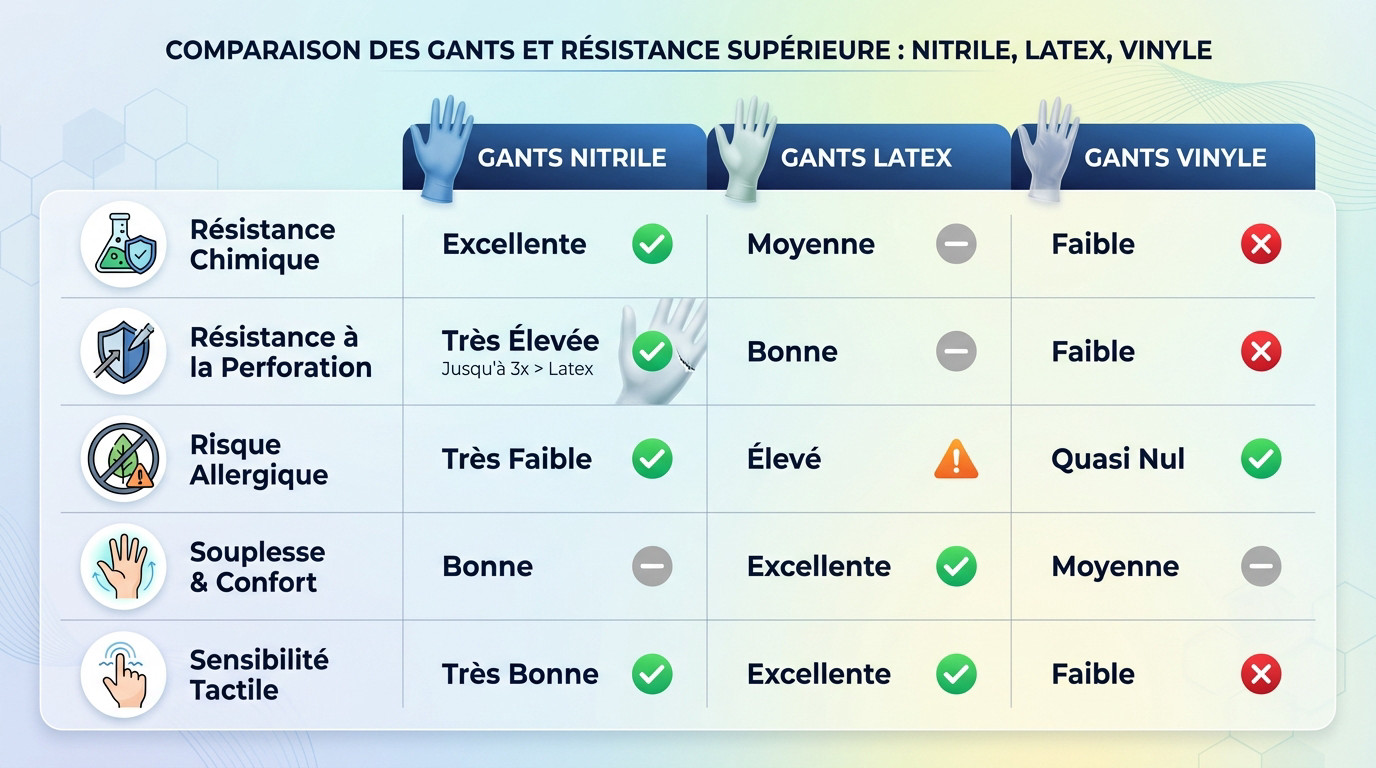 Comparaison visuelle des gants nitrile, latex et vinyle montrant leur r&eacute;sistance et texture