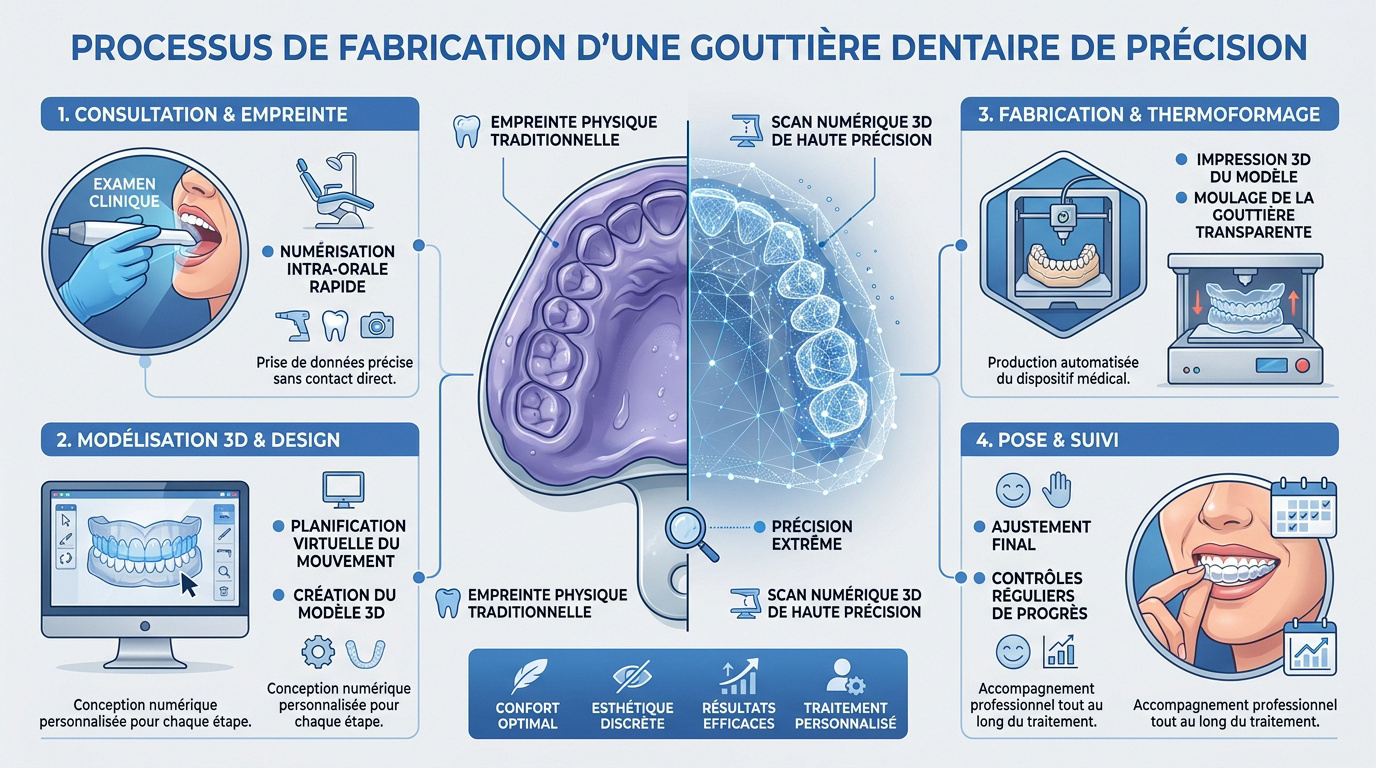 Processus de prise d'empreinte dentaire précise pour la fabrication d'une gouttière sur mesure