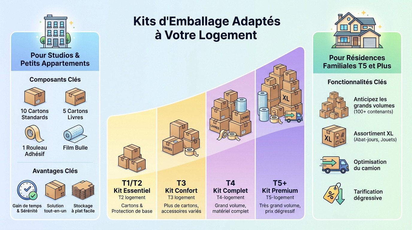 Assortiment de kits de déménagement cartons et adhésifs adaptés au volume du logement