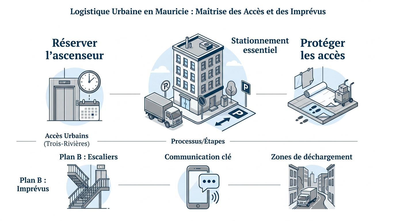 Camion de déménagement Transport Five Star stationné devant un immeuble à Trois-Rivières pour un déménagement du 1er juillet
