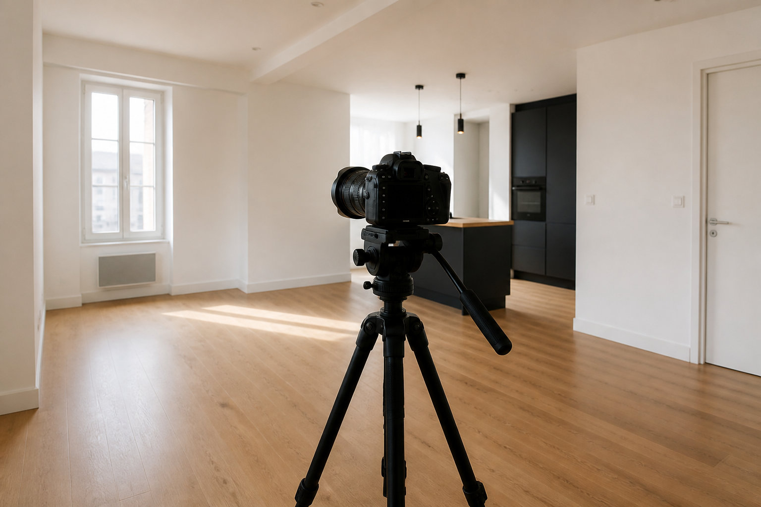 Appareil photo sur trépied dans un appartement vide, prêt pour le relevé avant génération