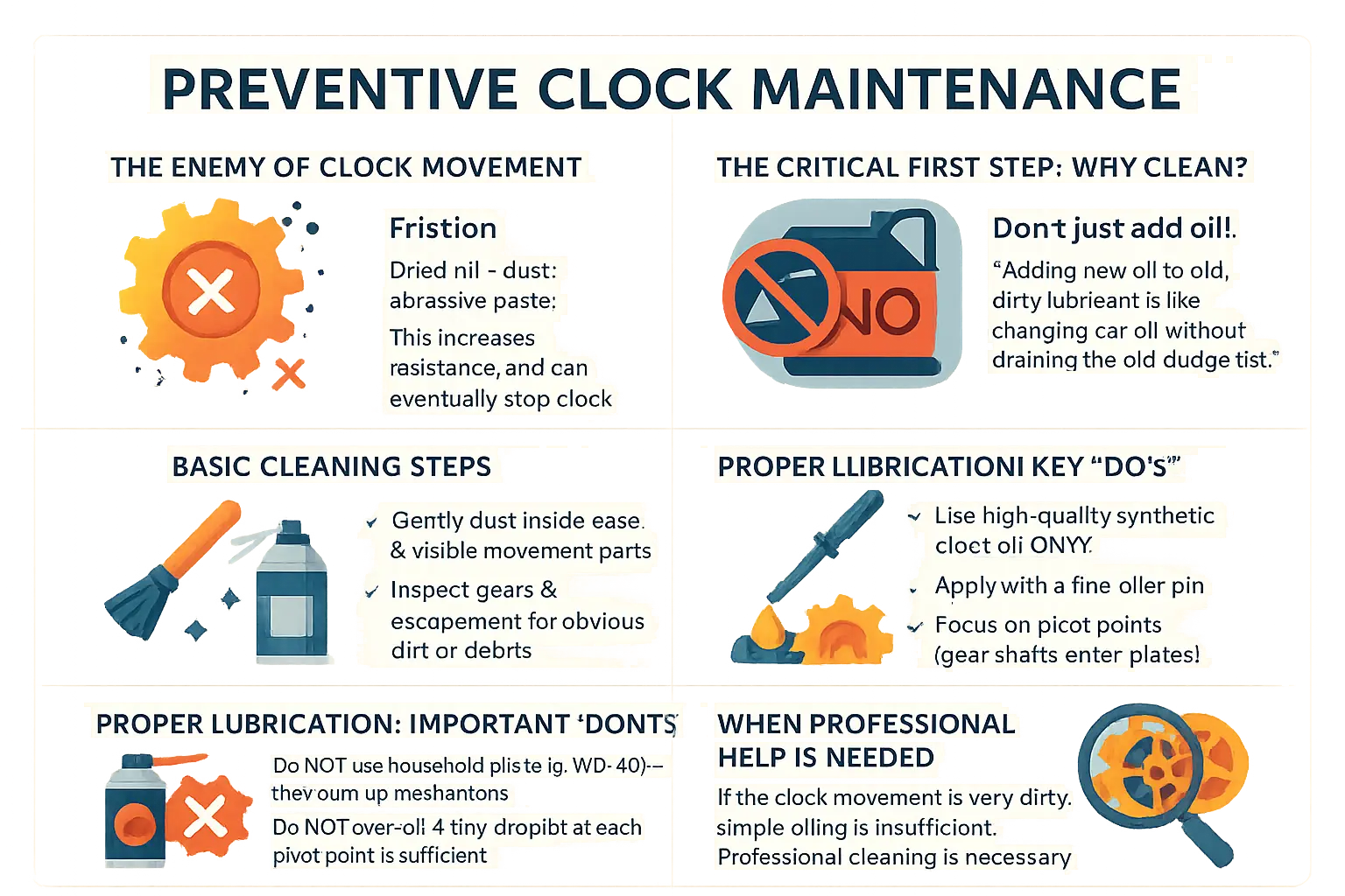 Pendulum clock maintenance tools and components