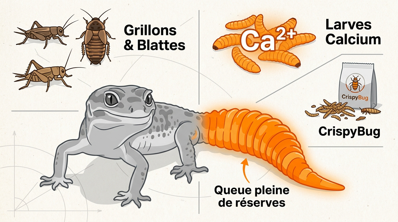 Gecko léopard s'apprêtant à manger un insecte pour ses réserves nutritionnelles