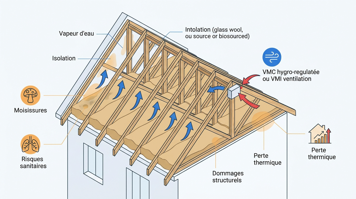 Schéma des risques de condensation et importance de la ventilation après isolation des combles