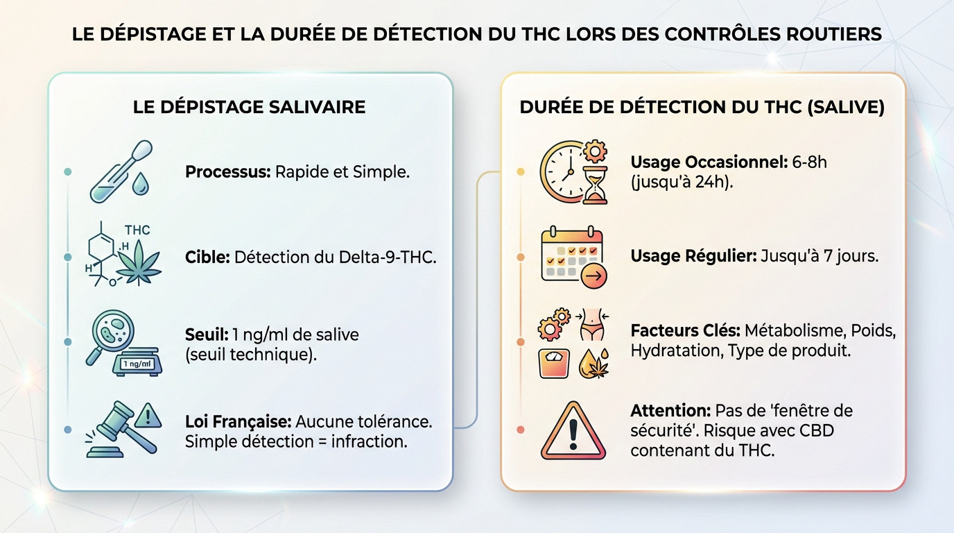 Schéma explicatif du processus de dépistage salivaire du THC et durées de détection