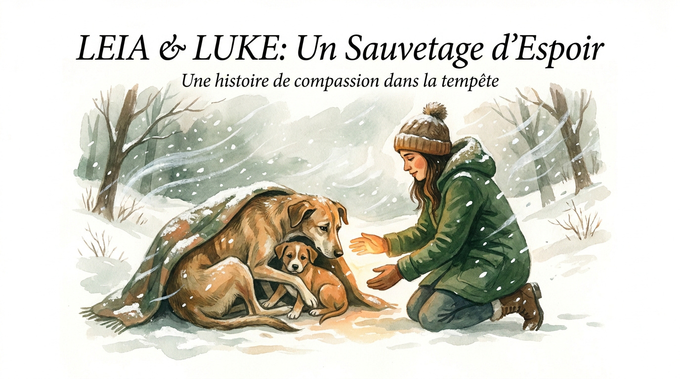 La chienne Leia protégeant son chiot Luke du froid au Texas