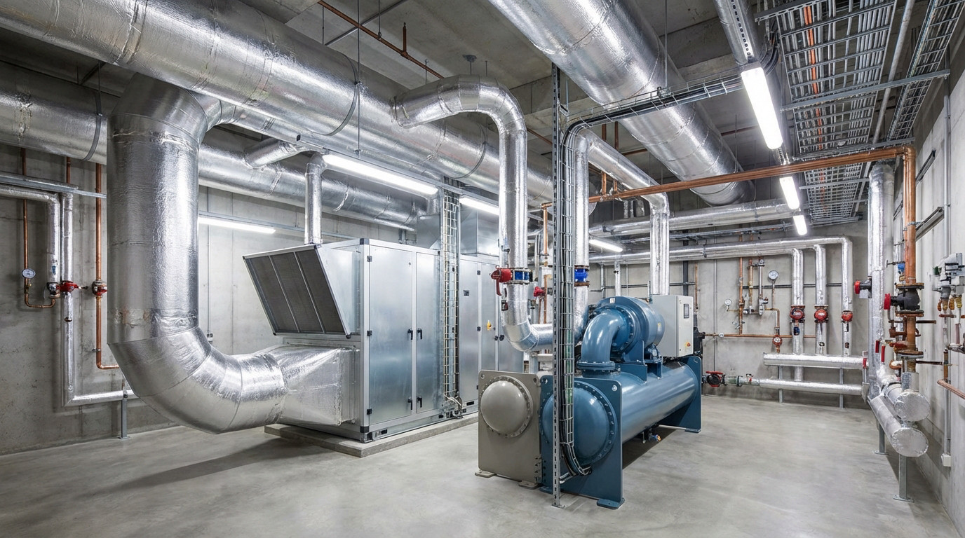 Salle des machines CVC moderne dans un bâtiment professionnel avec tuyauterie isolée et équipements de ventilation
