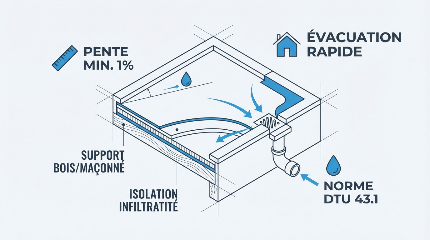 Coupe technique d'un toit terrasse montrant la pente d'écoulement et le système de drainage
