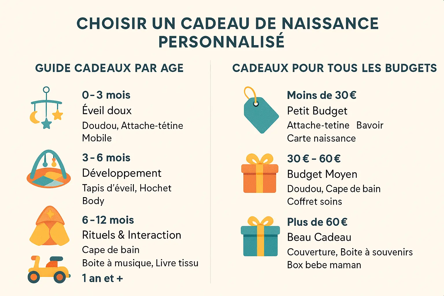 Illustration d'un bébé entouré de cadeaux personnalisés