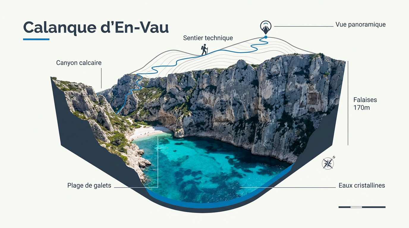 Falaises de calcaire blanc et eau turquoise à En-Vau
