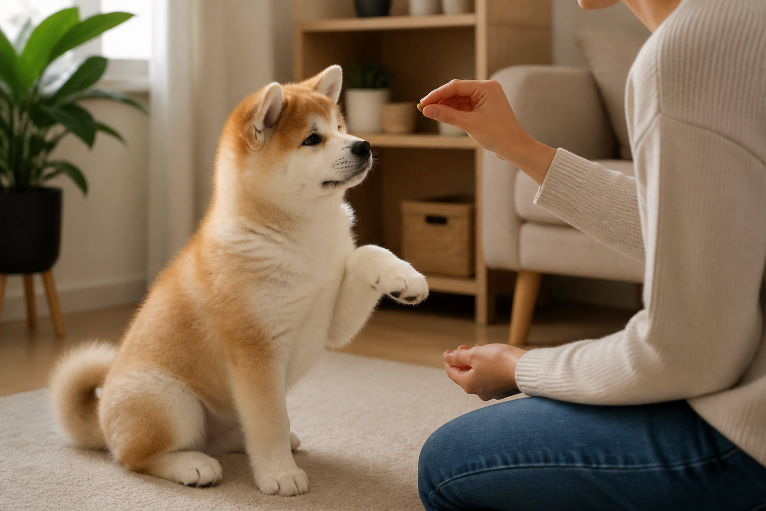 Chiot Akita Inu en séance d'éducation positive