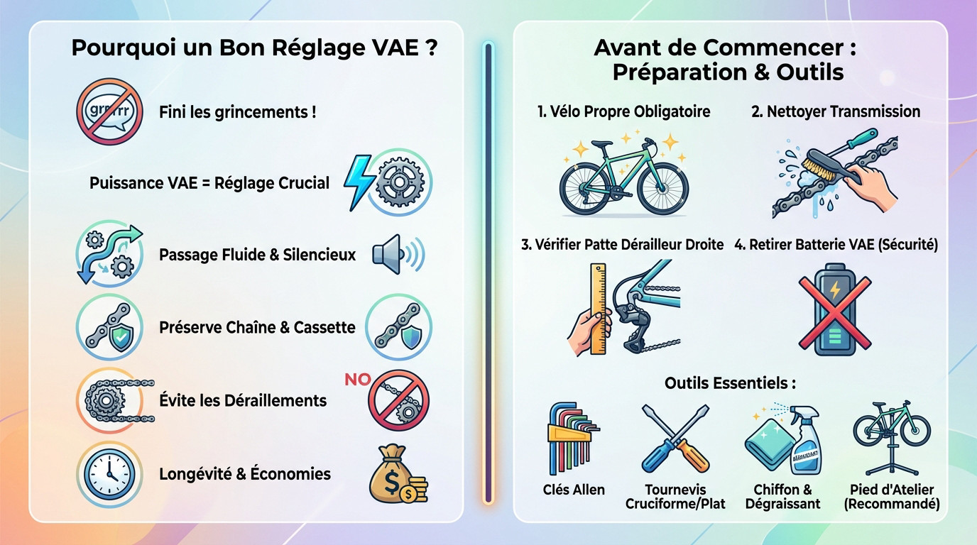 Préparation et nettoyage de la transmission d'un vélo électrique avant réglage