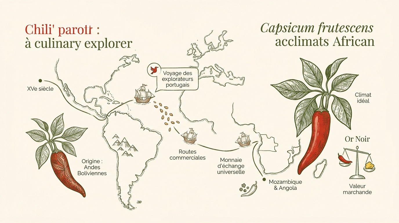 Carte historique du voyage du piment piri piri des Andes boliviennes vers les côtes africaines via les routes commerciales portugaises
