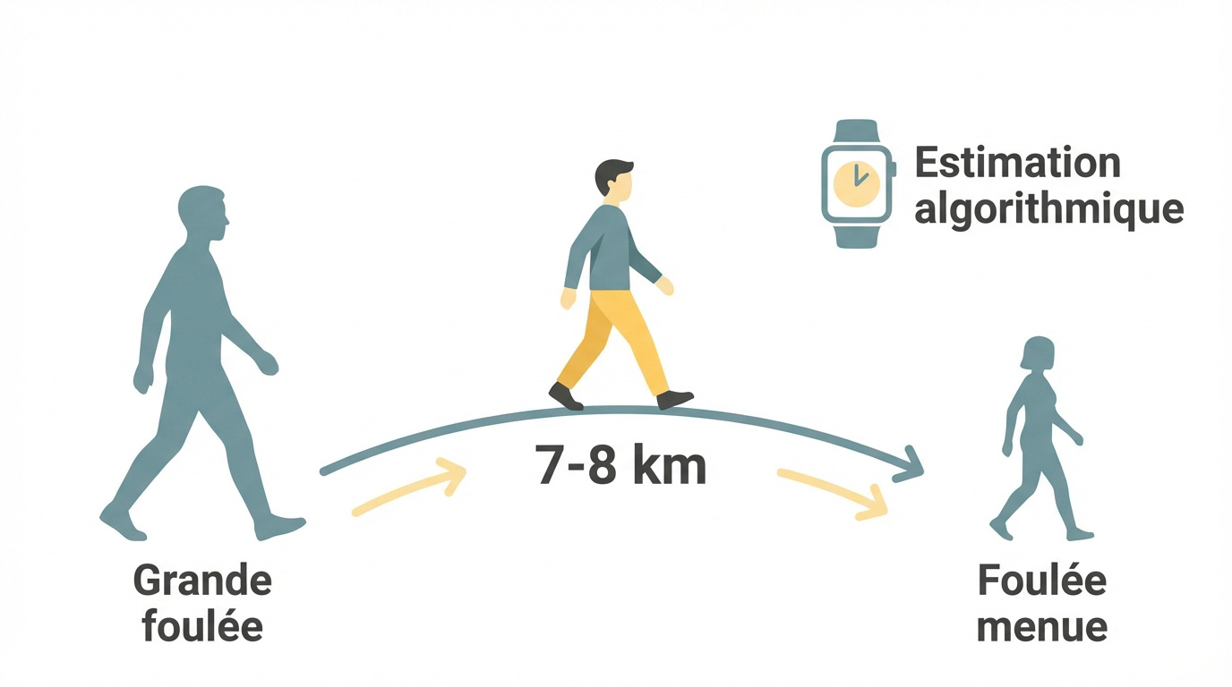 Comparaison de la distance parcourue entre une grande et une petite foulée de marche