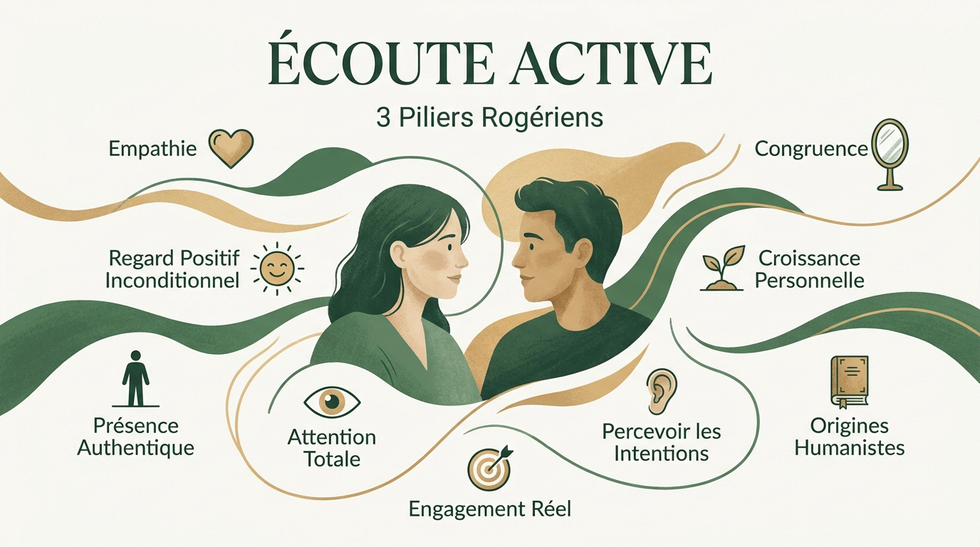 Schéma des trois piliers de l'écoute active selon Carl Rogers : empathie, congruence et regard positif inconditionnel