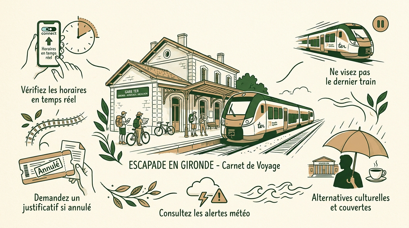 Voyageurs consultant les horaires de train pour une randonnée en Gironde
