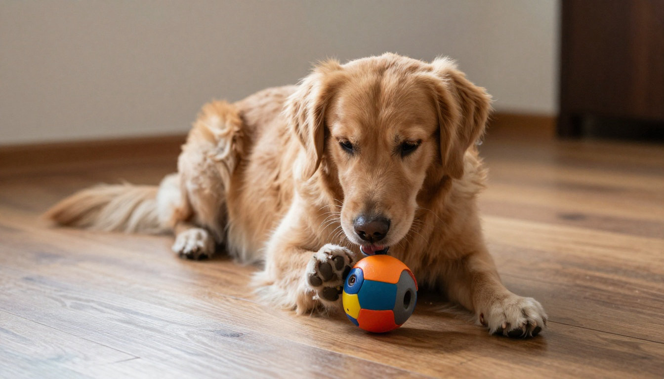Golden Retriever avec un jouet d'occupation pour réduire les aboiements liés à l'ennui