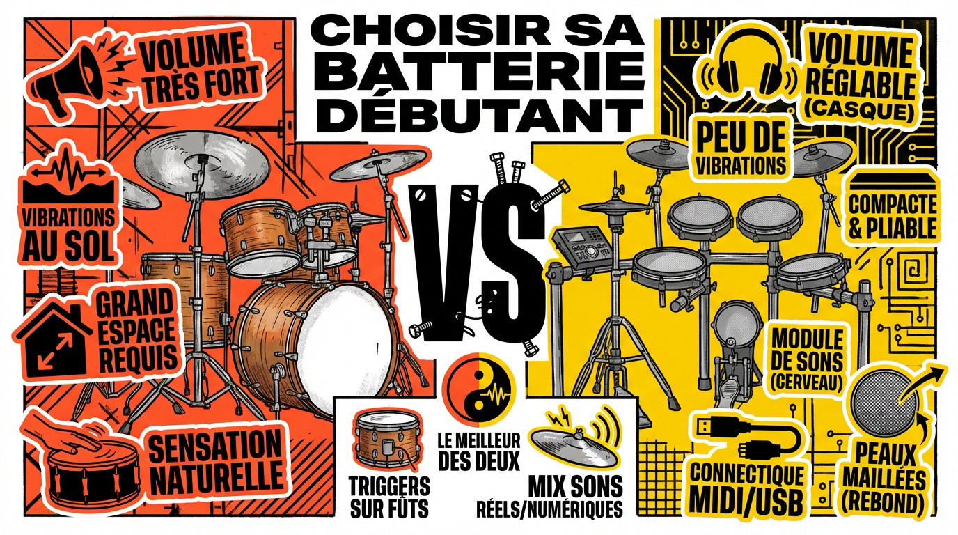 Comparaison entre une batterie acoustique en bois et une batterie électronique compacte pour débutant
