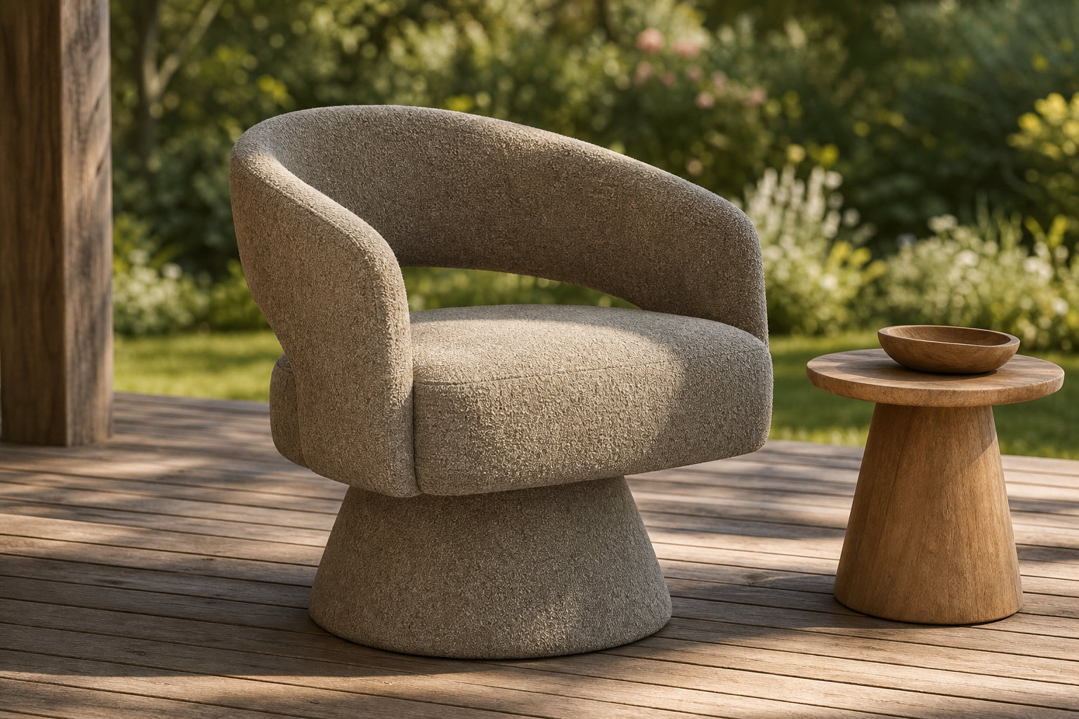 Fauteuil arrondi pivotant en tissu chenille taupe - FEDOTE