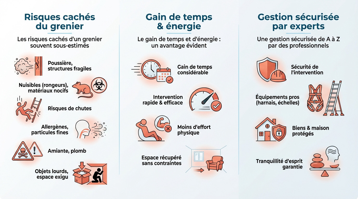 Infographie illustrant les avantages sécurité et gain de temps d'un débarras de grenier professionnel