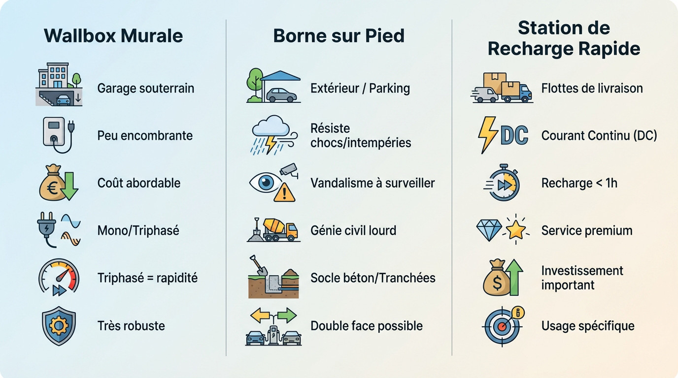 Comparaison entre une borne de recharge murale Wallbox et une borne sur pied pour entreprise