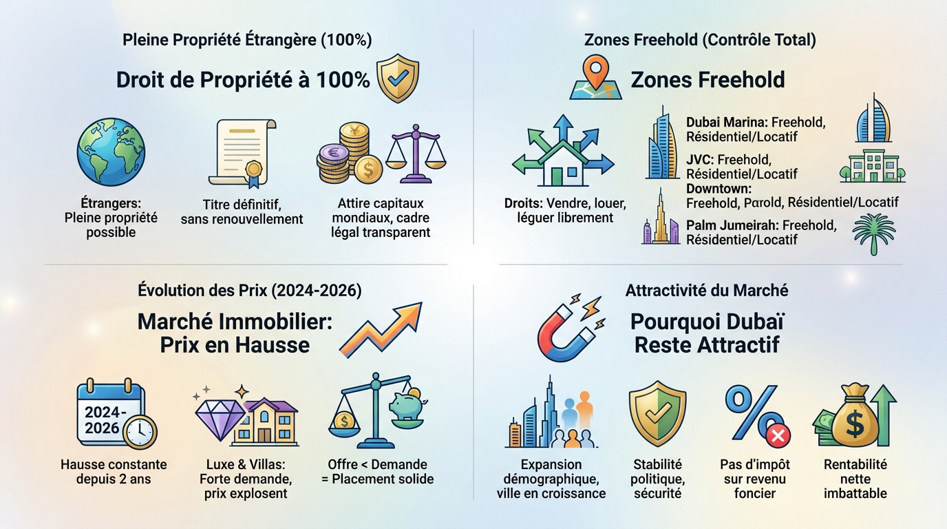Infographie sur les étapes et avantages d'investir dans l'immobilier à Dubaï en 2026