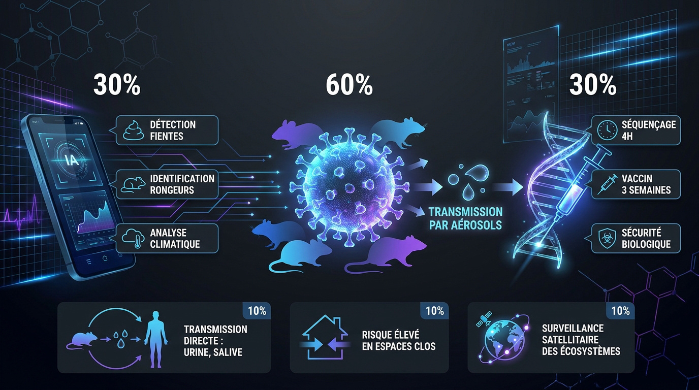 Infographie détaillant le processus de détection et la réponse biotechnologique ultra-rapide face au Hantavirus