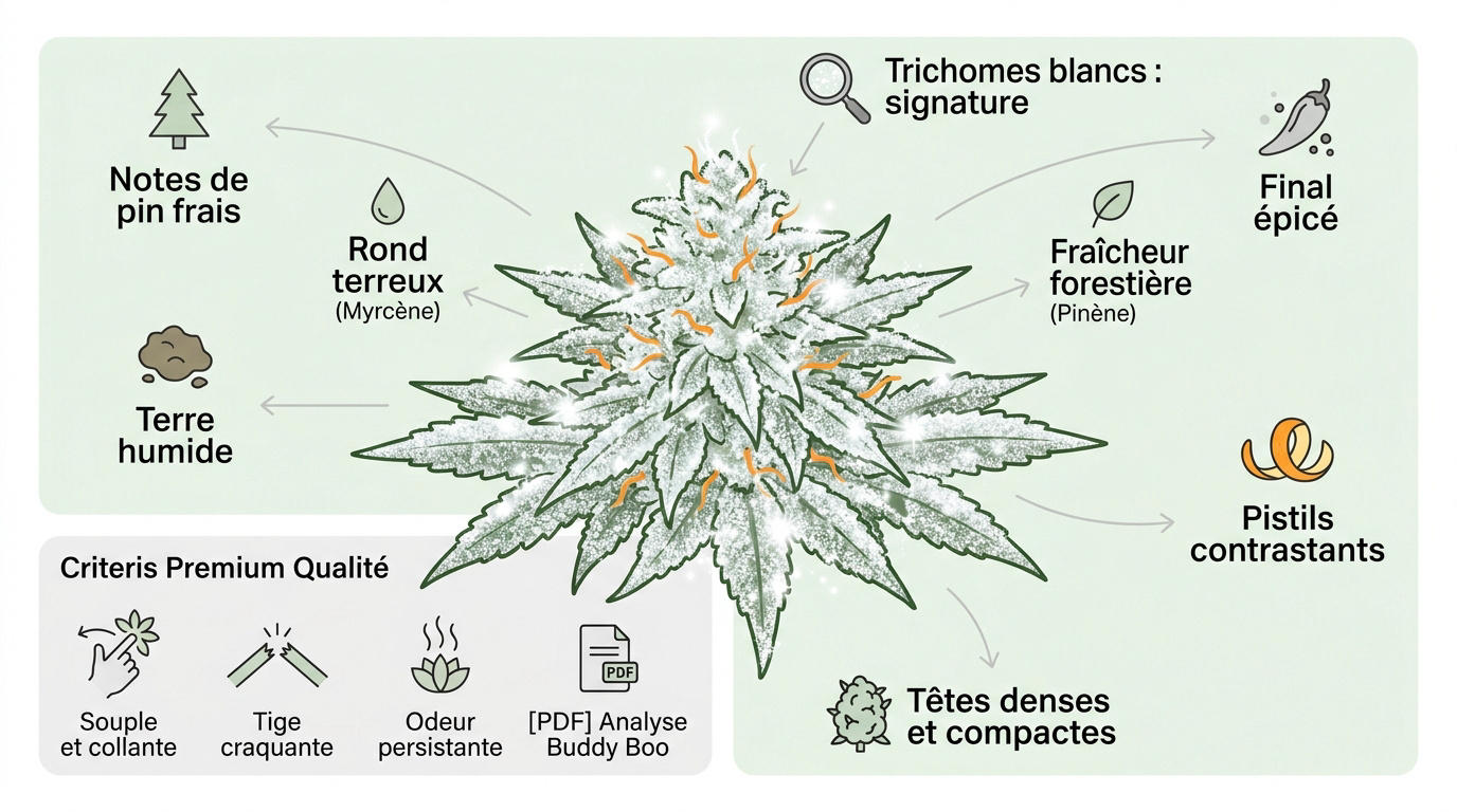 Fleurs de CBD White Widow denses avec trichomes blancs cristallins