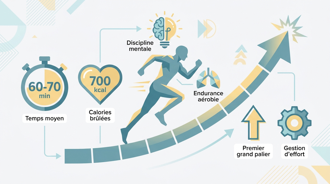 Graphique montrant la progression d'un coureur sur 10 km incluant le temps, les calories brûlées et le renforcement mental