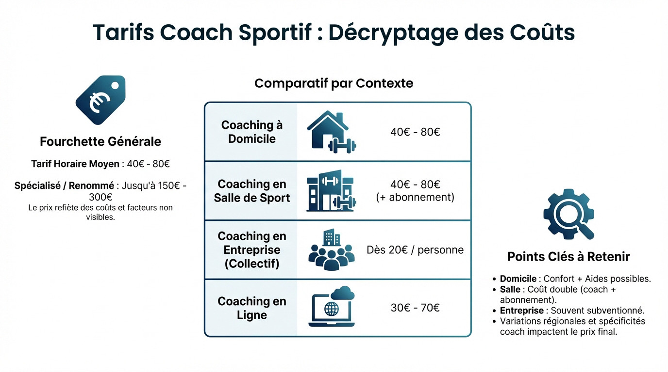 Graphique illustrant la décomposition du tarif horaire d'un coach sportif selon le lieu de pratique
