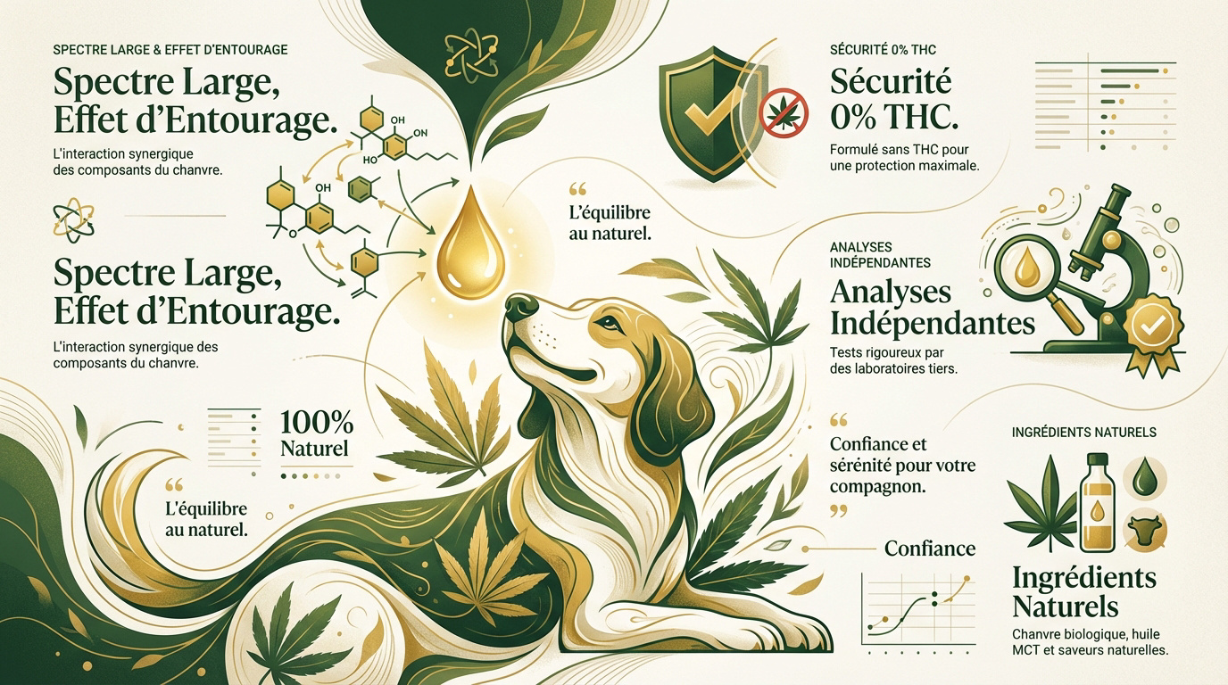 Flacon d'huile CBD avec un chien pour illustrer la sécurité et le bien-être animal