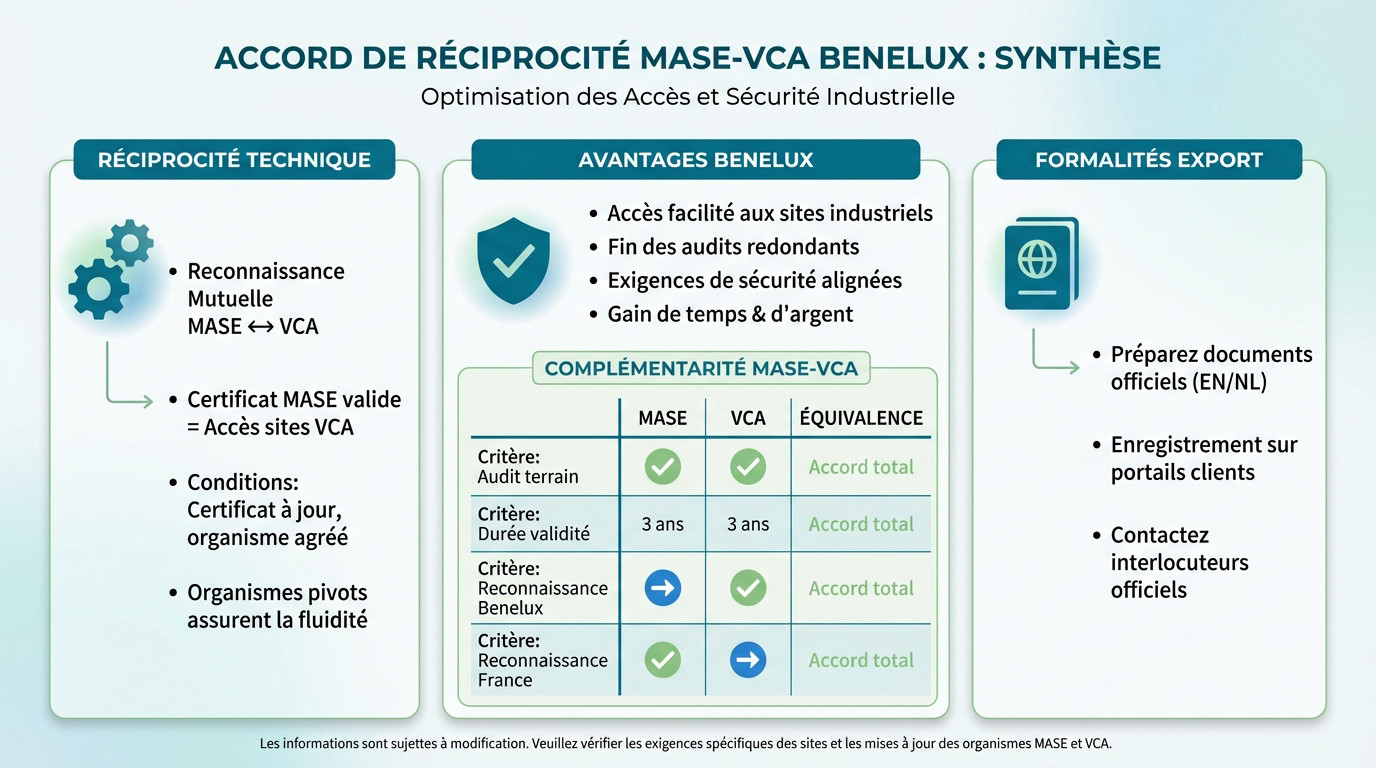 Synthèse visuelle de l'accord de réciprocité entre les certifications MASE et VCA pour le Benelux